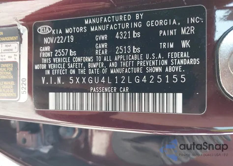 2020 Kia Optima Ex Premium z USA, uszkodzony, nr VIN 5XXGU4L12LG425155